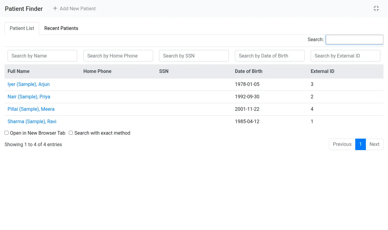 Patient list with search (sample patients)